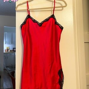 Vintage Victoria’s Secret Red Satin Slip Dress with Black Lace Trim